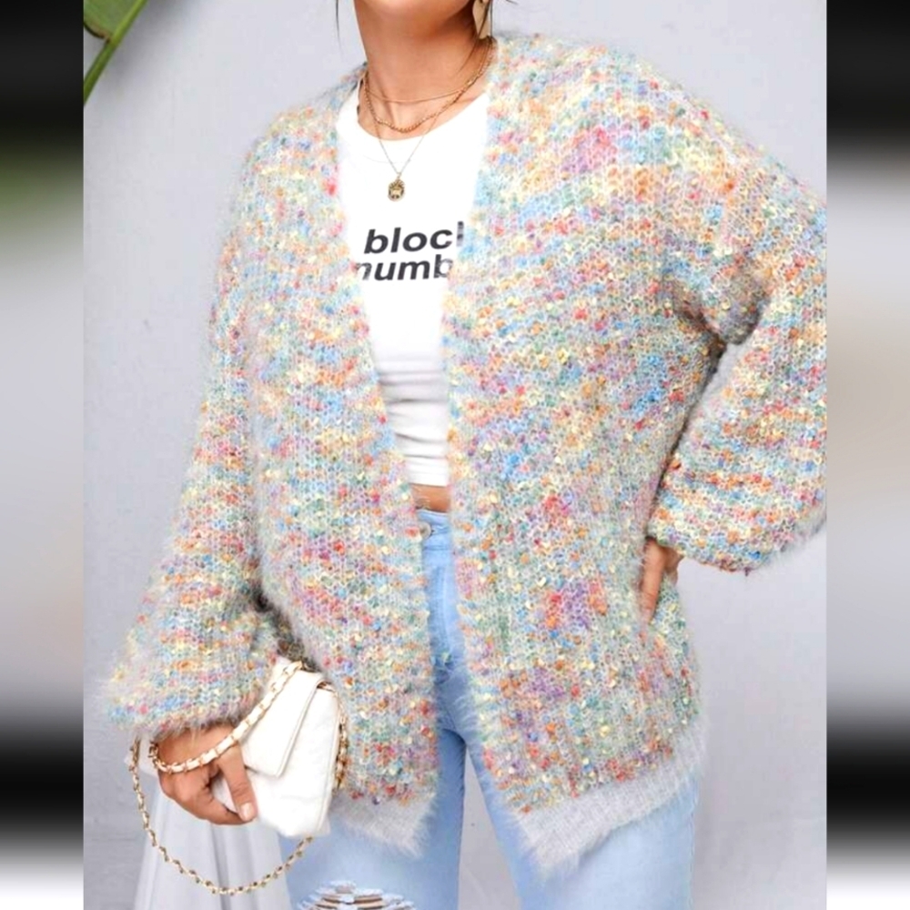 SHEIN Multicolor Fuzzy Knit Open Cardigan - Picture 2 of 9